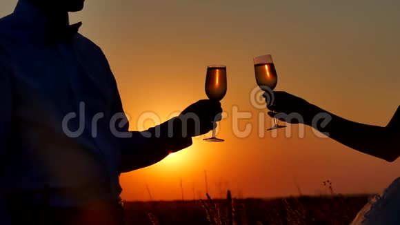 一对夫妇欣赏香槟酒的剪影阳光下的浪漫情侣自然剪影日落视频的预览图