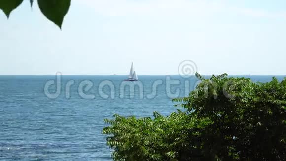游艇在帆下漂浮在海里从海岸看风景视频的预览图