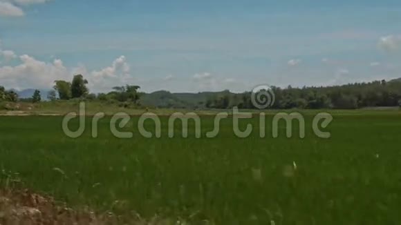 稻田与山蓝天在地面道路上的运动视频的预览图