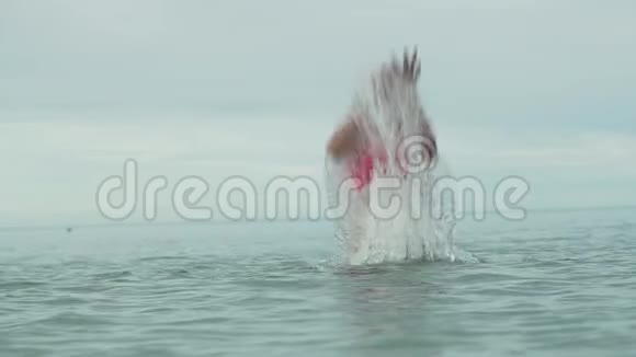 快乐快乐的年轻女孩在海上玩泼水慢动作股票录像视频的预览图