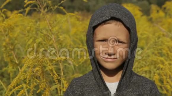 一个穿灰色毛衣头罩在露天的可爱男孩视频的预览图