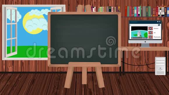 带有校车的儿童教室的卡通黑板视频的预览图