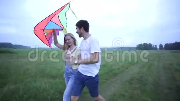 年轻的一对情侣在夏日的田野上散步拥抱视频的预览图