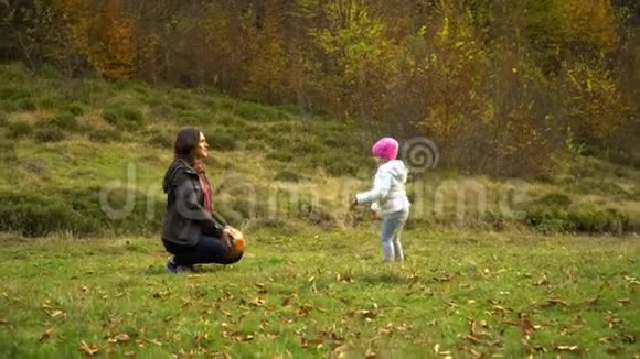 一位年轻的母亲和她的小女儿在秋天的森林里玩耍妈妈和一个小漂亮女孩在玩球视频的预览图