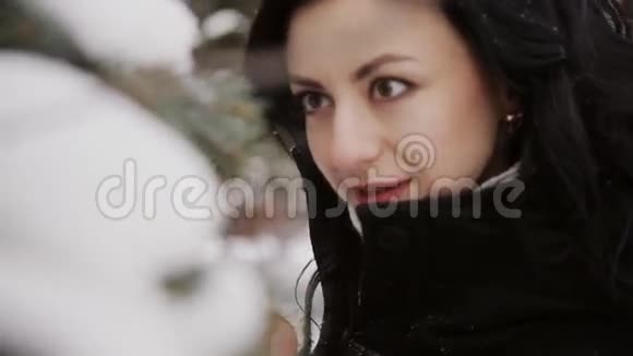 女孩抚摸着云杉树枝上的雪视频的预览图