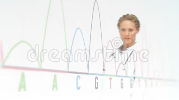 屏幕上的数据图表前面有一位女医生微笑视频的预览图