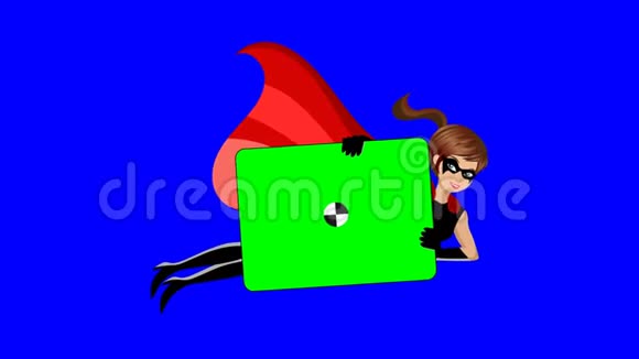 超级英雄女子手持空白横幅绿色屏幕跟踪标记动画视频的预览图