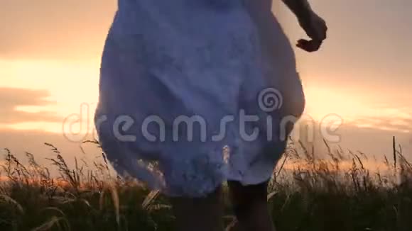 美丽的女孩穿着白色的裙子在夕阳下穿过美丽的田野年轻女子在草地上慢跑视频的预览图