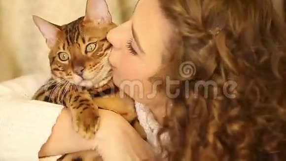女孩拥抱并亲吻一只孟加拉猫宠物视频的预览图