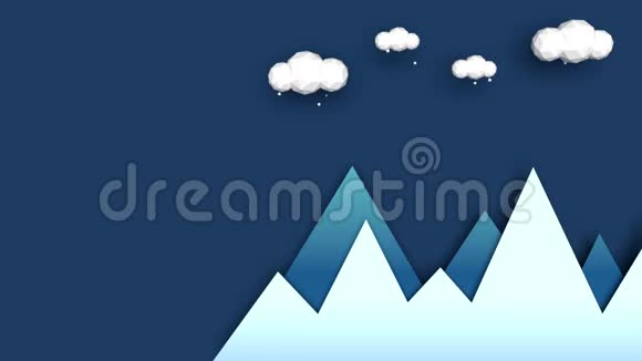 山在冬季降雪动画现代和平面风格蓝山白云之上飘落雪花低p视频的预览图