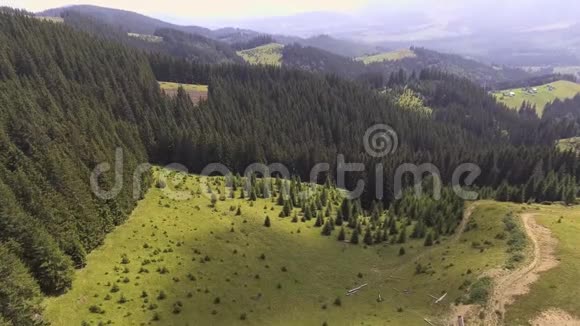 乘飞机在山上飞过夏天的喀尔巴阡山森林视频的预览图
