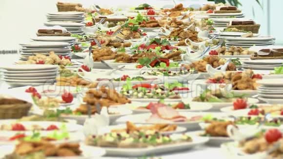 餐桌上提供的食物瑞典餐桌肉米饭意大利面沙拉视频的预览图