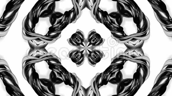 带有黑白丝带的4k循环动画被扭曲并形成复杂的结构作为万花筒效应6视频的预览图