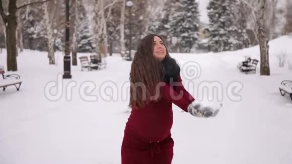 怀孕的女孩冬天在公园里玩得很开心视频的预览图