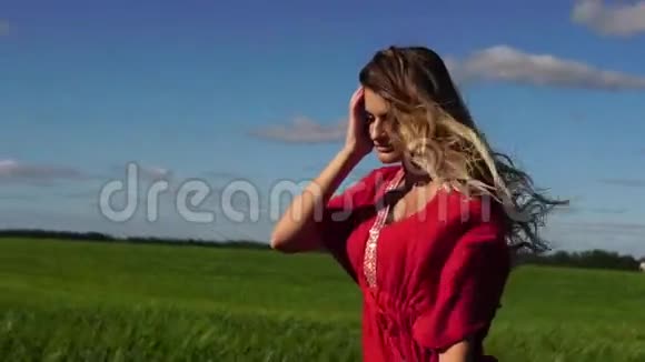 快乐的女人享受大自然美丽的金发女郎走在田野上自由概念视频的预览图