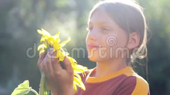一个带向日葵的男孩的肖像高加索人青少年与大花向日葵视频的预览图