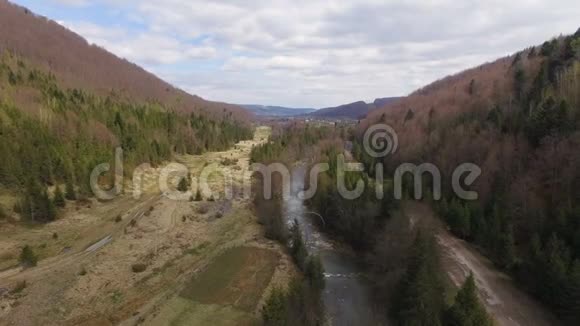 空中观景台飞越美丽的山河和森林视频的预览图