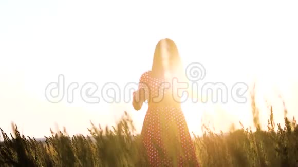 慢动作录像美丽的女孩在田野里旋转手在夕阳的阳光下的手剪影妇女生活方式视频的预览图