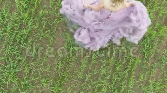 美丽的女孩穿着裙子在春天的田野上享受大自然视频的预览图