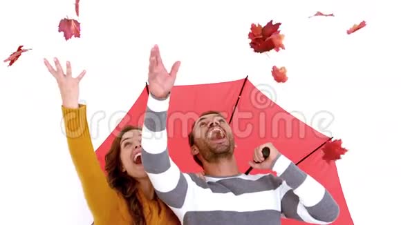 漂亮的年轻夫妇穿着暖和的衣服拿着雨伞和树叶视频的预览图