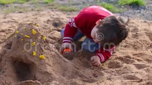 小男孩在沙滩上玩玩具车视频的预览图