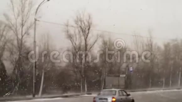 春天的下午城市里的雪和风在房子的背景下视频的预览图