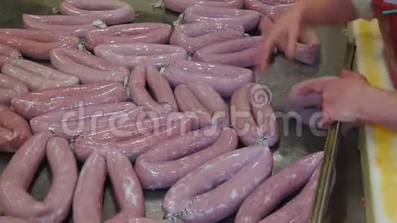 肉类切碎机将肉类和香料混合用于制作食品厂的热狗和香肠视频的预览图