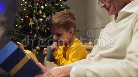 快乐的老人和小孙子一起等待圣诞节视频的预览图
