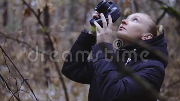 摄影师拍摄秋天森林的照片电影镜头慢动作那个拿着相机的女孩景观景观视频的预览图