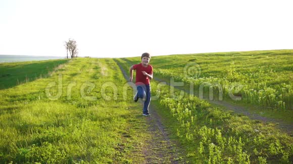 绿色草地上奔跑的快乐男孩视频的预览图