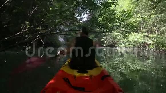 老人在树影中沿着泻湖漂流视频的预览图
