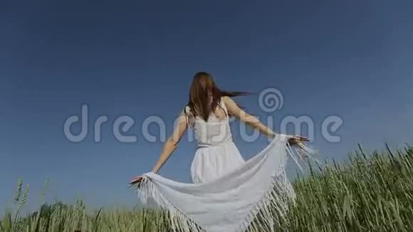 穿着白色连衣裙的漂亮女孩在野外玩得很开心慢动作快乐微笑的年轻女人享受大自然视频的预览图