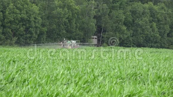 拖拉机在森林附近用农药喷洒玉米地施肥4K视频的预览图