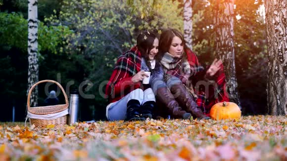 秋天公园里年轻漂亮的女人坐在野餐的毯子里喝着热水瓶里的热茶女孩地毯视频的预览图