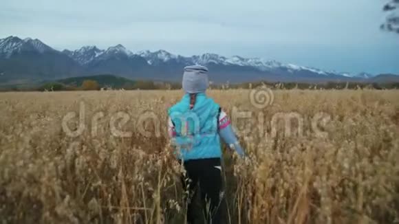 小女孩走在麦田里孩子奔跑的背景是美丽的山脉和白雪覆盖的山峰儿童视频的预览图