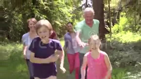 多代家庭一起沿着林地小径奔跑视频的预览图