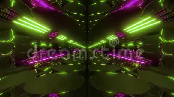 无尽的抽象外星科学隧道走廊与发光灯和反射3d渲染运动背景现场视频的预览图