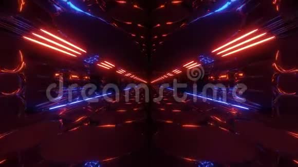 无尽的抽象外星科学隧道走廊与发光灯和反射3d渲染运动背景现场视频的预览图