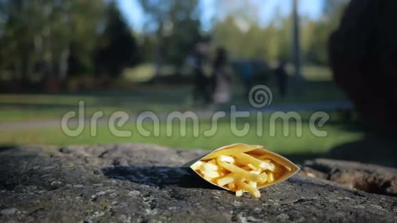 炸薯条放在包裹里的石头街上美丽的快餐移动相机视频的预览图