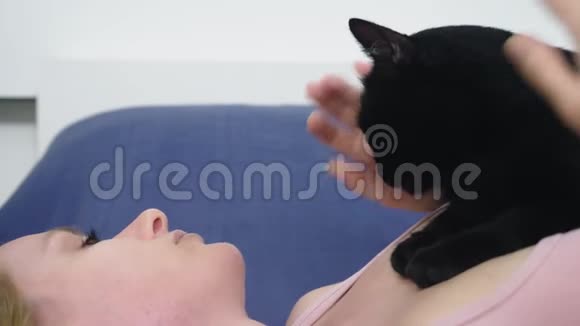 带猫的女孩美丽的金发女孩躺在床上抚摸她的黑猫关心动物爱宠物视频的预览图