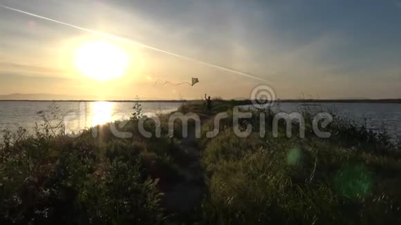 日落时放风筝的男孩慢动作剪影视频的预览图