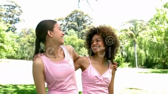 公园里两个患乳腺癌穿粉红色衣服的朋友视频的预览图