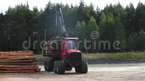 运送原木带原木的卡车在锯木厂运送原木的红色卡车视频的预览图
