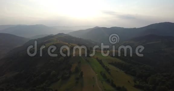 飞越山脉的空中景色乌克兰桑格维尔飞过树木森林谷日落4K决议视频的预览图