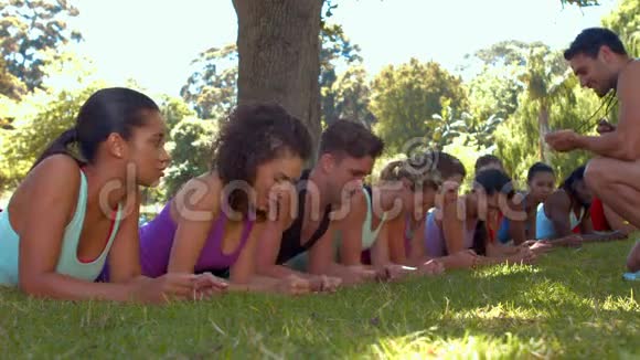 高质量的健身团体与教练一起在公园内进行健身运动视频的预览图