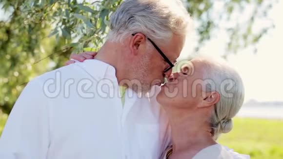 快乐的高年级情侣亲吻夏日公园视频的预览图