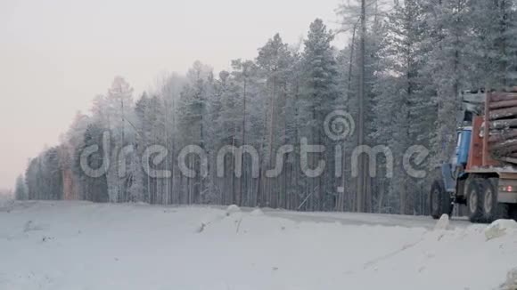 雪林背景下冬季土路木材满载运材车视频的预览图