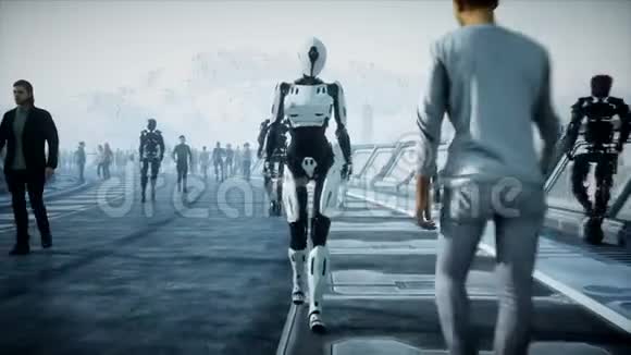 人和机器人科幻隧道未来的交通未来的概念逼真的4K动画视频的预览图