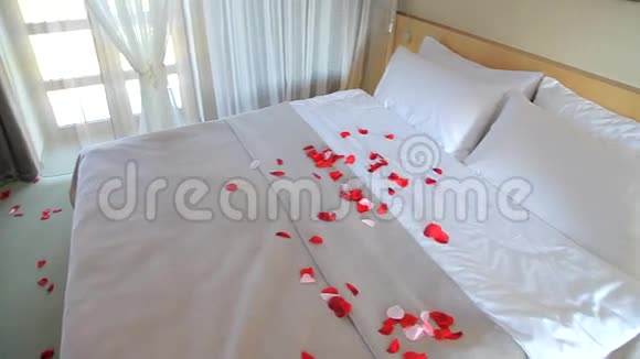 带玫瑰花瓣的酒店客房视频的预览图