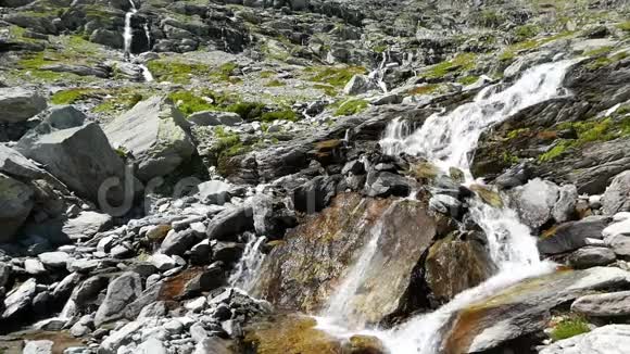 瀑布在田园诗般的无污染环境中流动夏天穿过阿尔卑斯山上的绿色草地和巨石视频的预览图